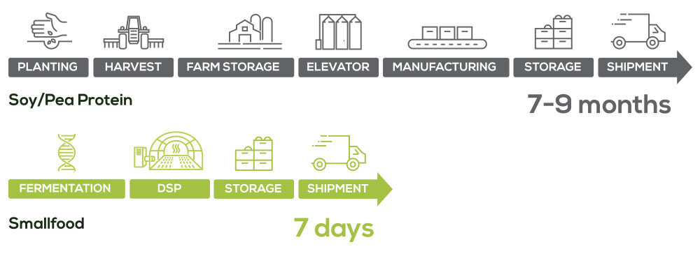 A graphic comparing soy / pea protein production to Smallfood. 7-9 months versus 7 days